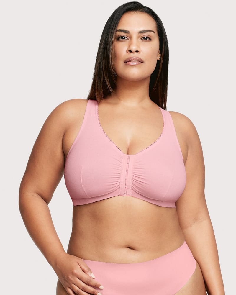 Front of a model wearing a size 44G/H Front-Closure Cotton T-Back Comfort Bra in Pink Blush by Glamorise. | dia_product_style_image_id:260696